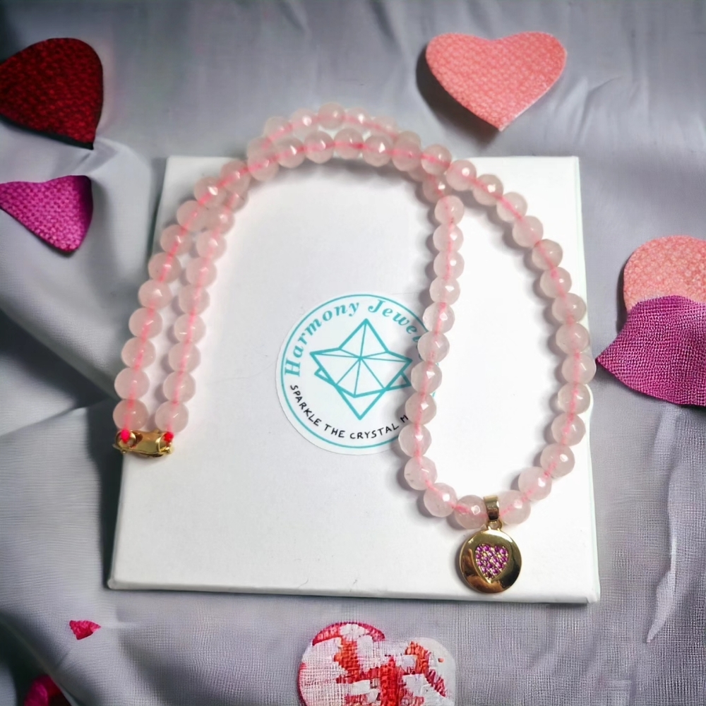 6 mm Faceted Rose Quartz Necklace with gold-plated charm